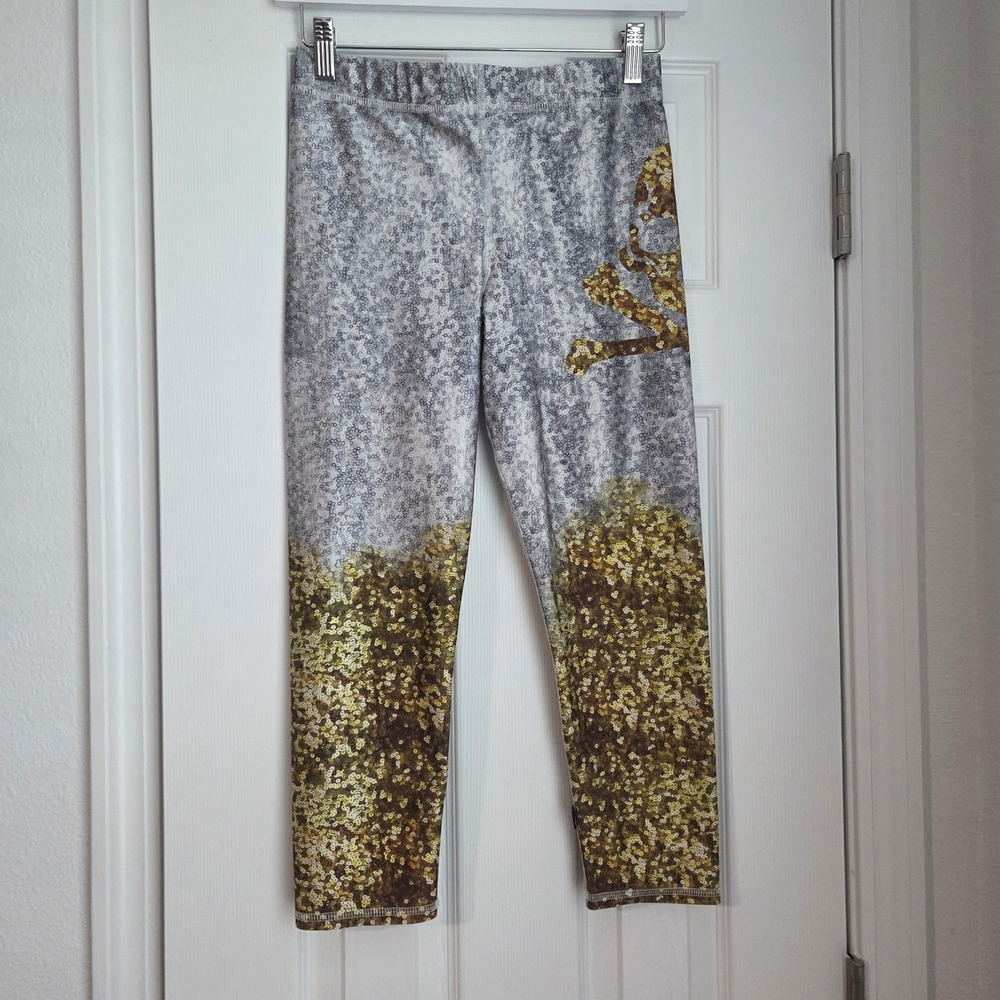 SoulCycle Cropped Capri Leggings Skull Crossbones Gold Silver Foil Metallic M